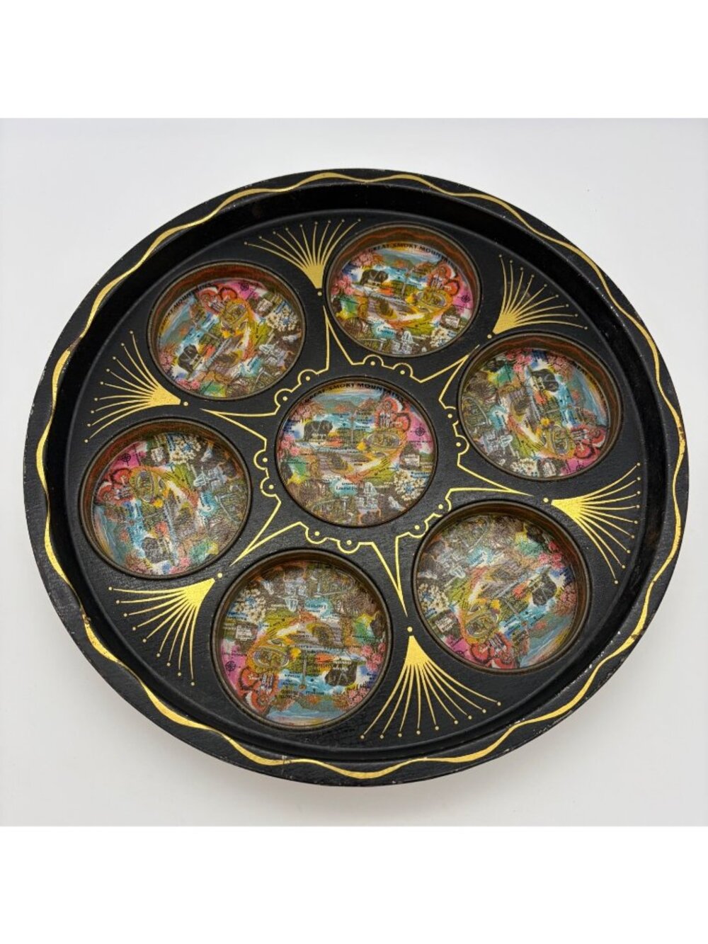 Vintage Great Smoky Mountains TN Souvenir Metal Cocktail Tray Black Gold 11-Inch